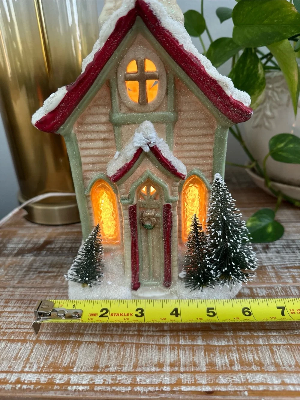 Vintage Ceramic Lighted Christmas Church Building Red Roof with Snow Trees